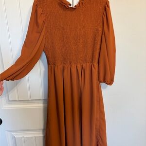 Roolee Burnt Orange Smocked Ruffle Neck Dress